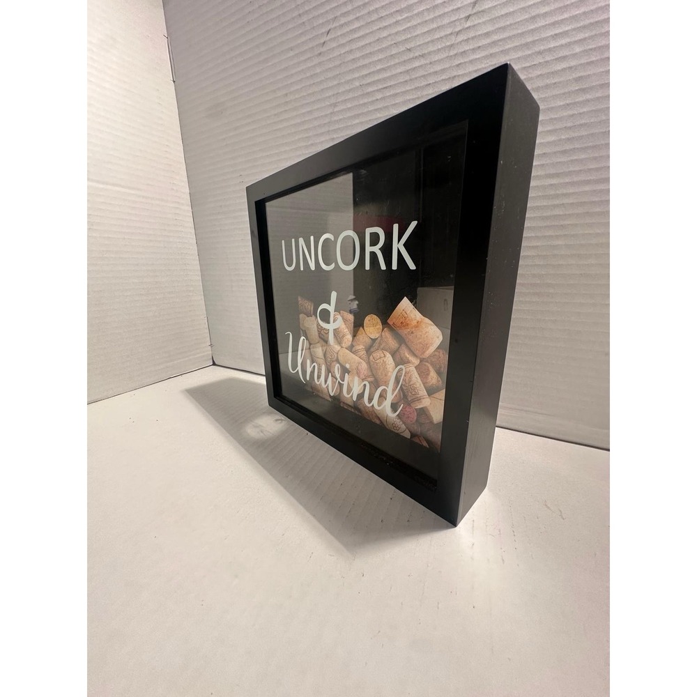 Mainstays Cork Shadowbox Wine Decor Black Wood Glass Wall Mounted 10x10 in